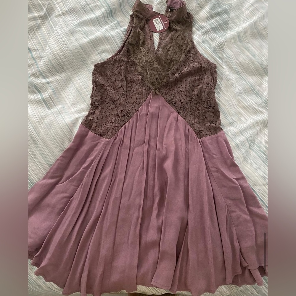 Valija Lace and Pleated Dress in Mauve and Brown